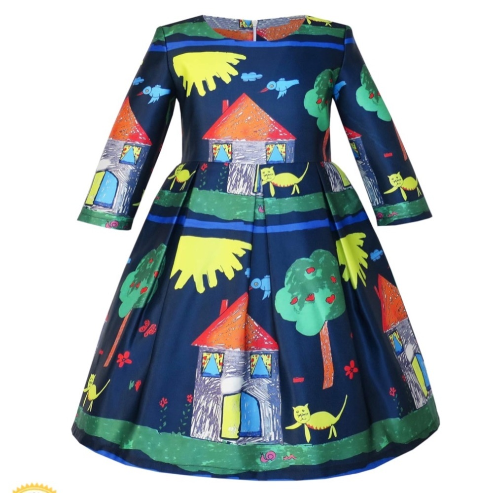 Sunny Fashion Dress Girls Size 12 Child Art Drawing Home With Cats Blue Sateen